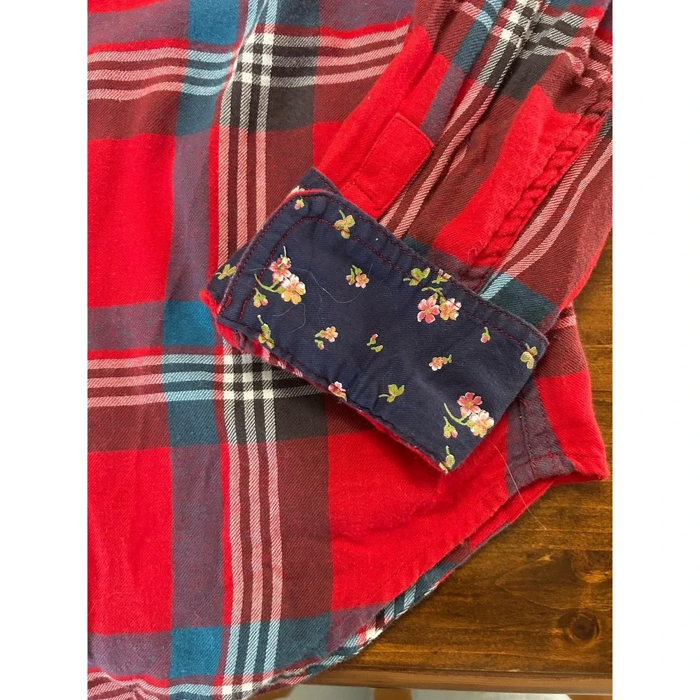 Chaps Women's Red Plaid Button-Up Shirt Floral Cuff Accent Size M
